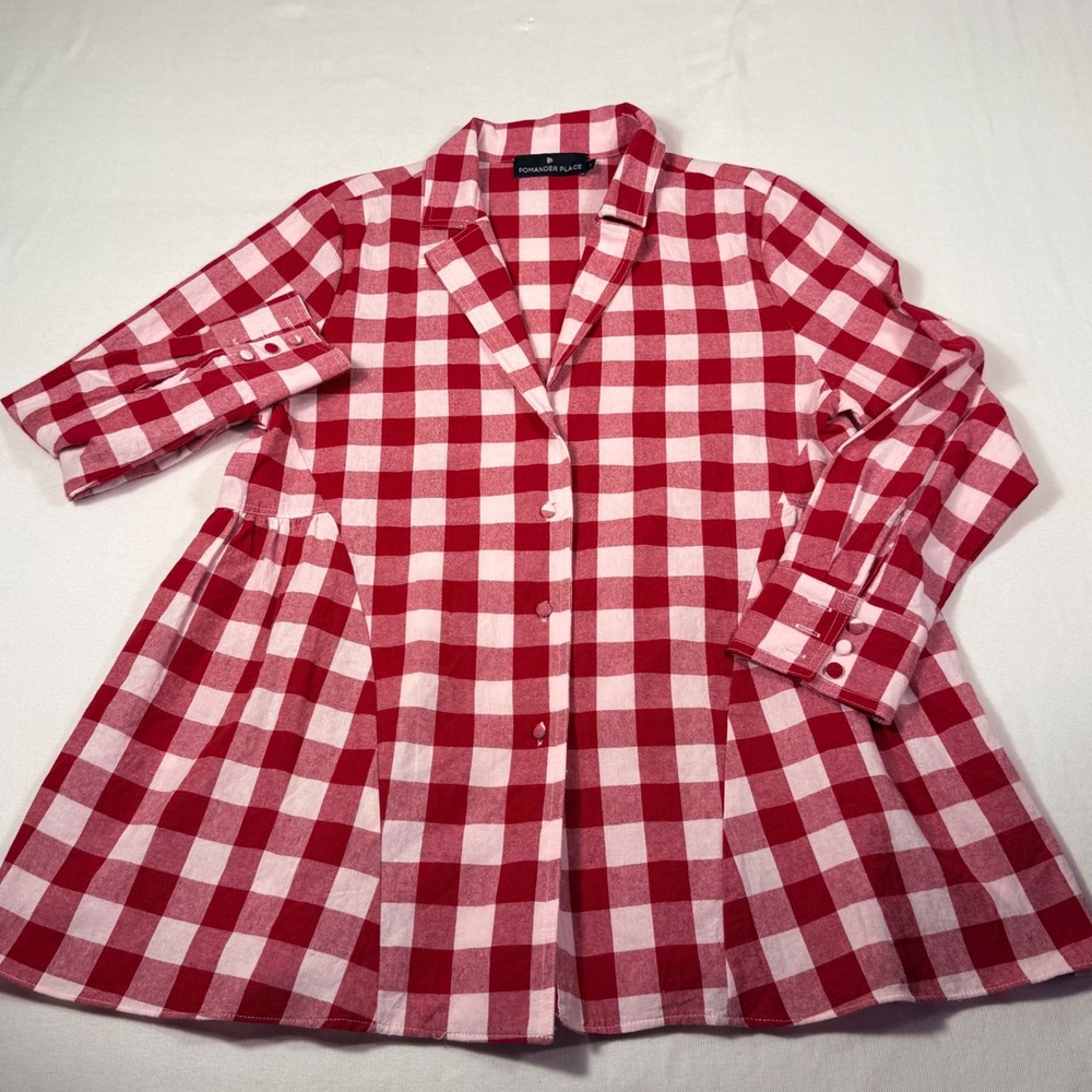 Pomander Place Gingham Peplum Top‎ S Red White Button Up Long Sleeve Preppy